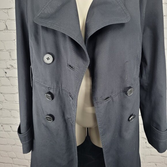London Fog Black Double Breasted Buttoned Belted Pleated Long Trench Coat 6 - Picture 5 of 16